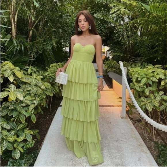 Lovers + Friends NWT Small Hattie Gown Green Strapless Tiered Dress - Picture 2 of 9
